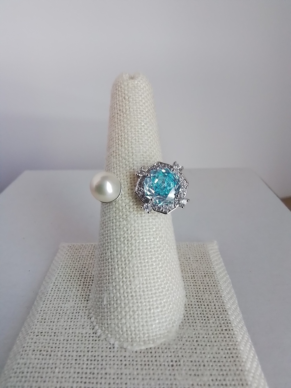 Blue Rose CZ and Freshwater Pearl Statement Ring